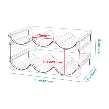Clear stackable bottle storage rack with curved cradles and side support bars
