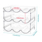 Clear stackable bottle organizer rack with curved cradles across three tiers