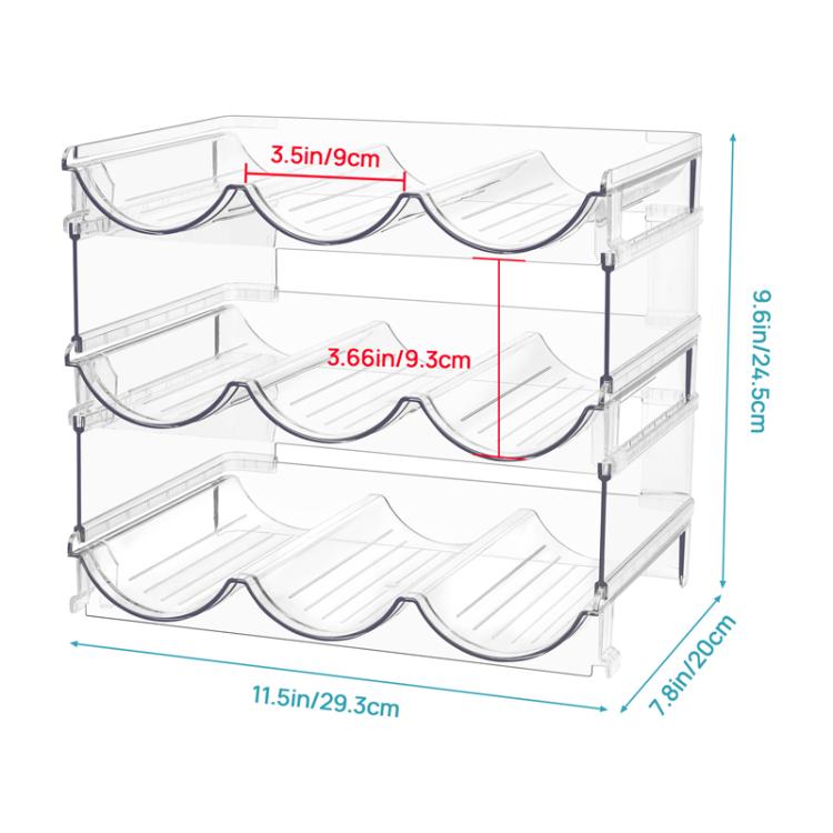 Clear stackable bottle organizer rack with curved cradles across three tiers