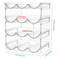Clear stackable bottle storage rack with curved cradles and four-tier design