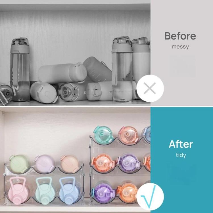 Clear stacked bottle organizer rack showing tidier, separated bottle storage