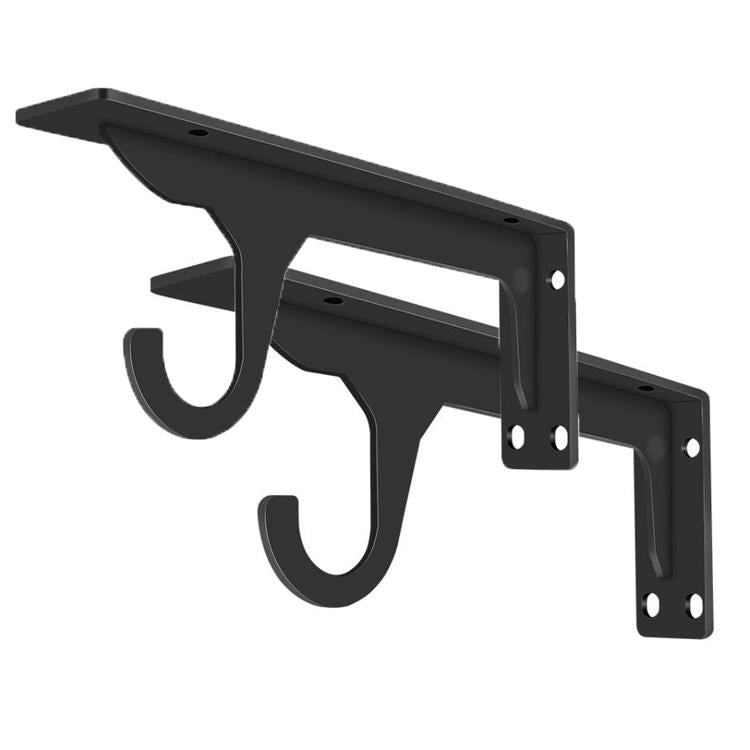 Black triangular wall-mounted shelving bracket with two curved support hooks