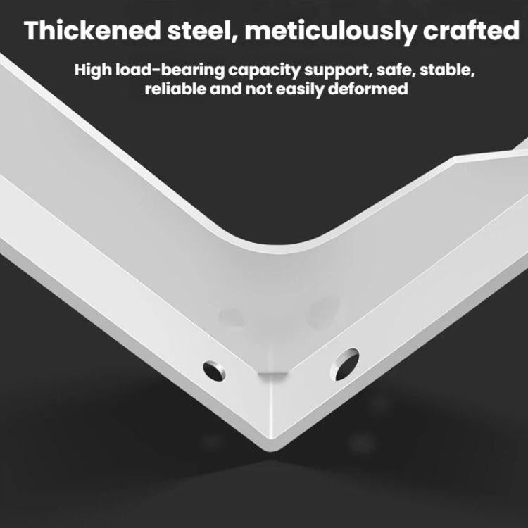 White triangular steel shelving bracket with curved hook and mounting holes