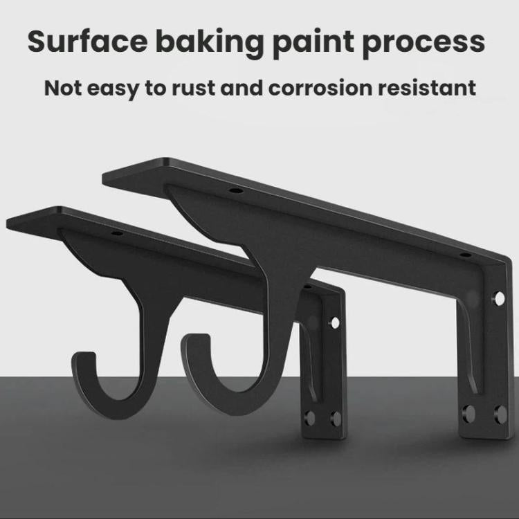 Black triangular wall-mounted shelving brackets set with hooks and mounting holes