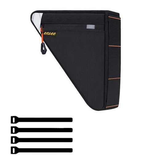 Waterproof black bike triangle frame tool bag with orange trim and side strap clip