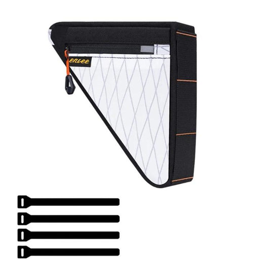 Waterproof bike triangle frame tool bag with black sides and white diamond-pattern panel