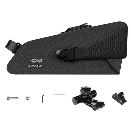 Black waterproof bike seat bag with quick-release strap and reflective trim
