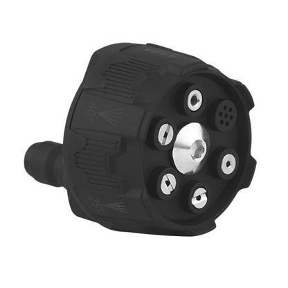 Black portable car-wash nozzle adapter with metal center insert and multi-port face