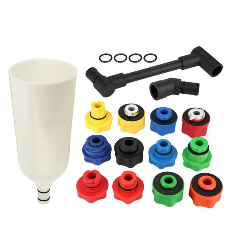 Oil filling funnel with black hoses and assorted colored adapter nozzles