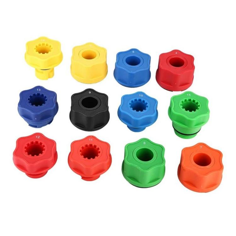 Assorted colored oil filling funnel adapter caps with numbered openings