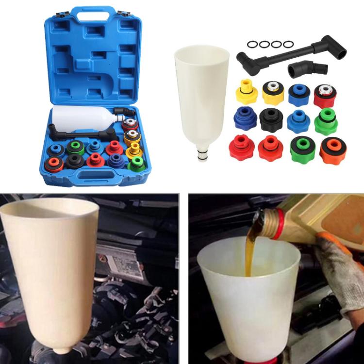 Oil filling funnel set with blue case, white funnel, and colored adapter caps