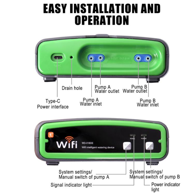 WiFi dual-pump irrigation controller with water in/out ports and status indicator lights