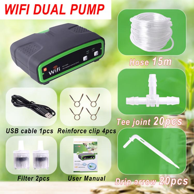 WiFi dual-pump irrigation controller kit with 15 m hose, tee joints, USB cable, filters