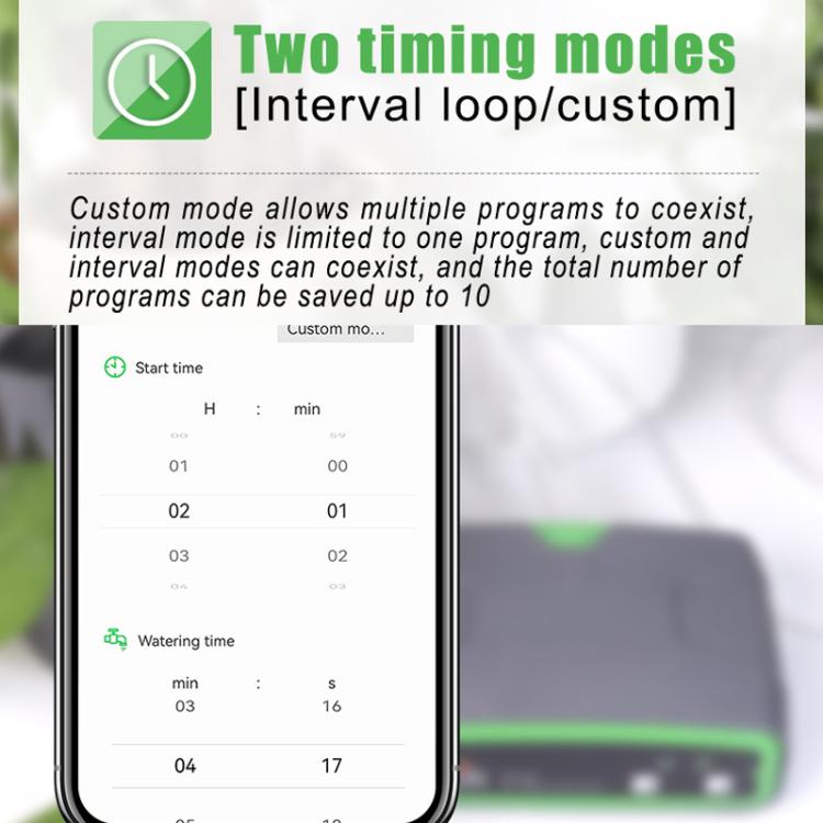 Dual-pump WiFi watering controller screen showing interval loop and custom timing modes