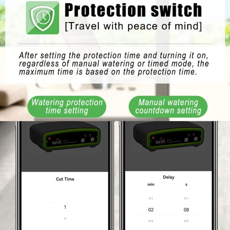 Dual-pump WiFi watering controller app screen with protection switch and countdown options