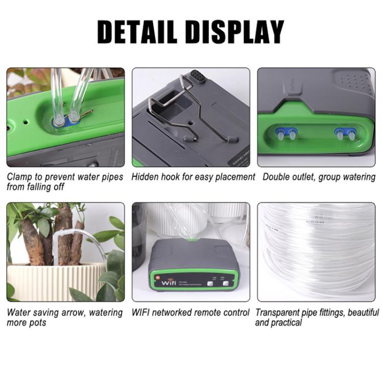Dual-pump WiFi watering controller details: clamp, hidden hook, and multiple outlets