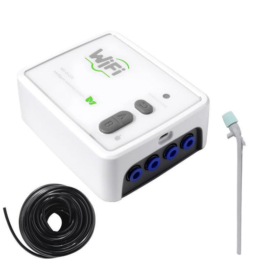 WiFi dual-pump watering controller with black tubing and power cable, white with blue ports