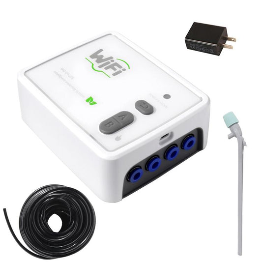 WiFi dual-pump watering controller with black tubing and white drip stakes, blue ports