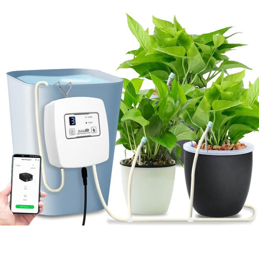 WiFi timed drip irrigation controller with white pump unit and tubes feeding potted plants