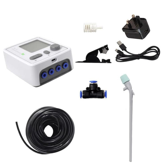 Automatic dripper set with timer controller, dual pumps, power adapter, and black tubing