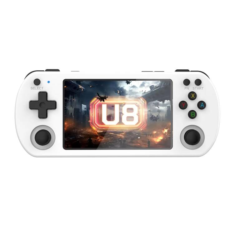 White retro handheld game console with touchscreen and D-pad plus face buttons