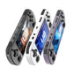 Set of three portable retro handheld game consoles in dark, white, and purple tones