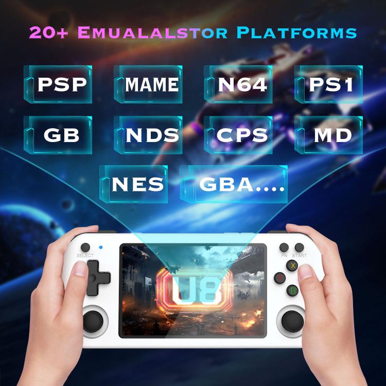 Hands holding a white retro handheld game console with touchscreen and control buttons