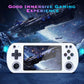 White retro handheld game console with touchscreen display and left D-pad plus right buttons