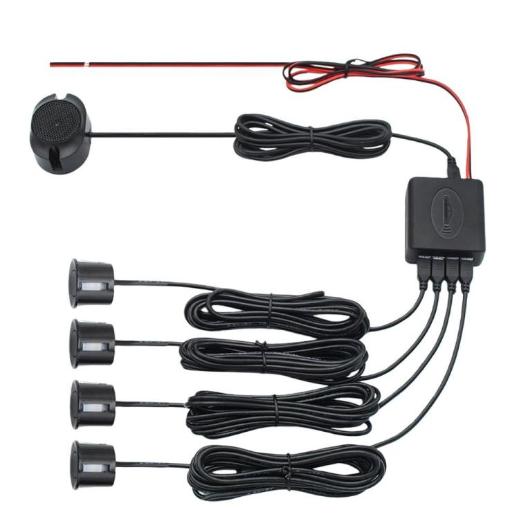 4-sensor car reversing radar kit with buzzer speaker, control module, and wiring harness