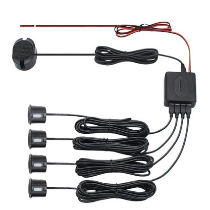 4-sensor car reversing radar kit with buzzer speaker, control module, and wiring harness