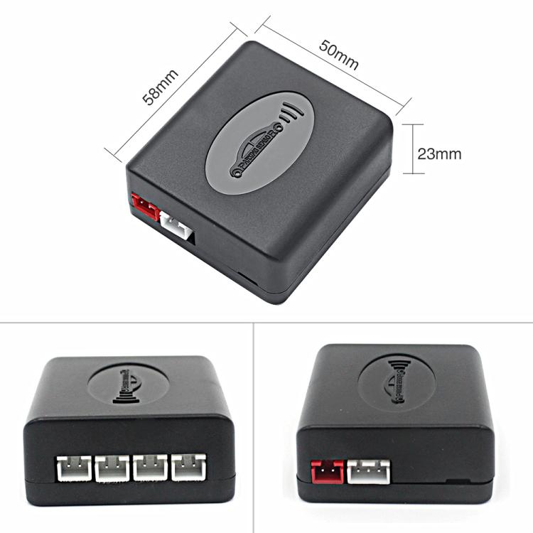 Black control module for car reversing radar with front ports and red indicator light