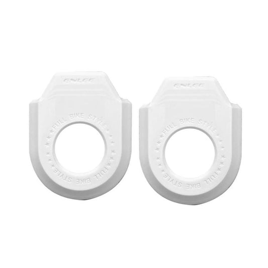 Set of white bike crank protector sleeves, round opening, raised border and logo marks, 2-pack
