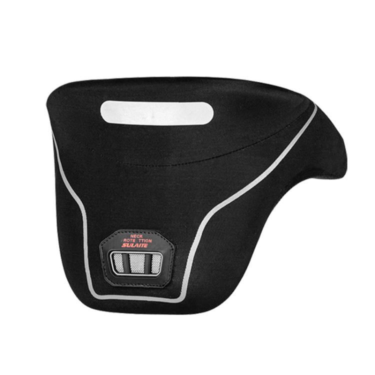 Black neck protector with white piping and front protection patch