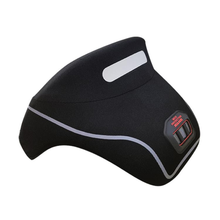 Black padded neck protector with white trim and red-labeled patch