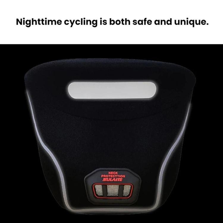 Black neck protector with reflective white piping and front protection patch