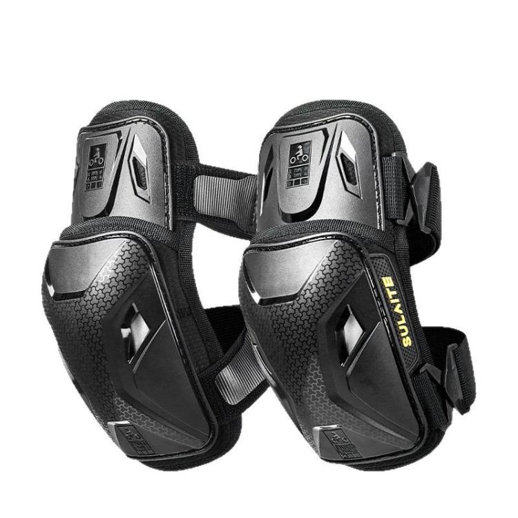 Motorcycle knee pads pair, black and gray armored shells with side strap attachments