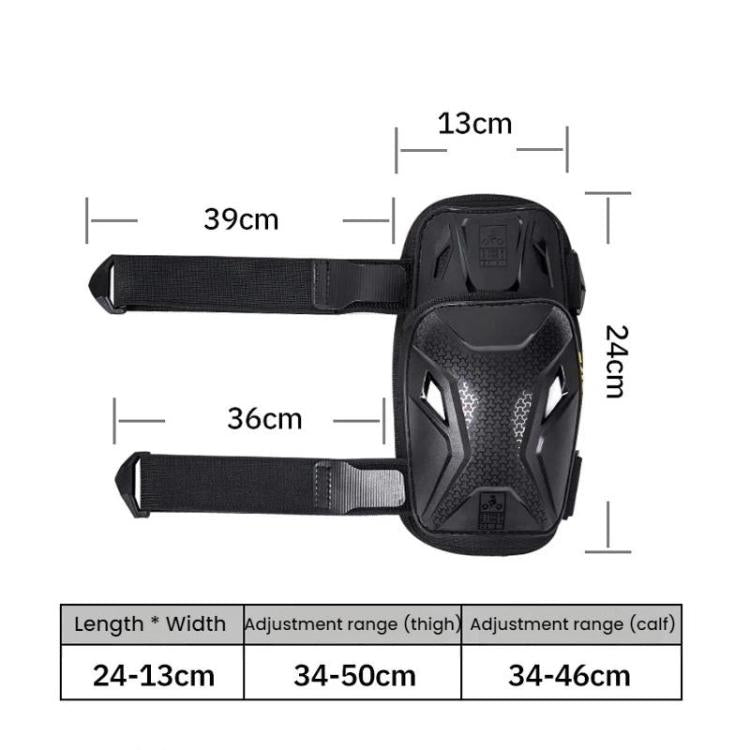 Motorcycle knee pads with adjustable thigh and calf straps and contoured armored shell