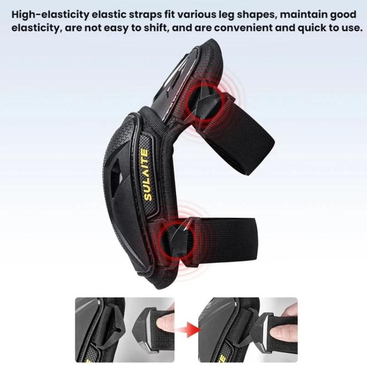 Motorcycle knee pads with elastic leg straps and textured armored front shell