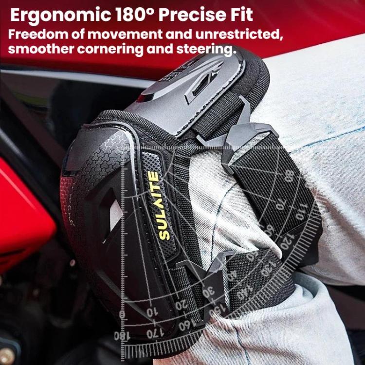 Motorcycle knee pads worn on leg with adjustable straps and contoured armor plates