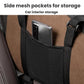 Black mesh storage pocket on beige portable pet carrier for car seat transport