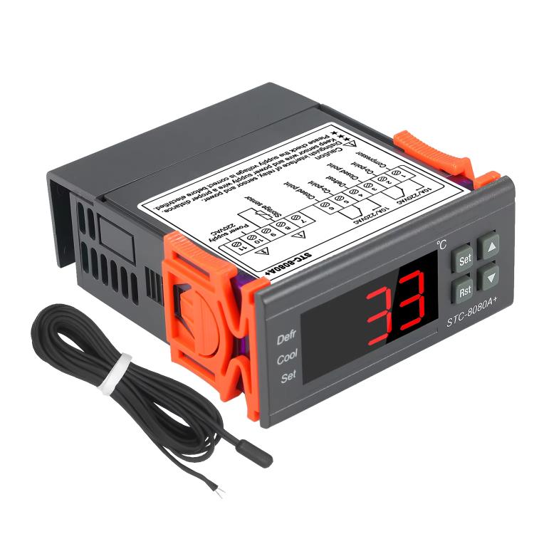 Digital temperature controller with orange side clips and black screen, wired probe included