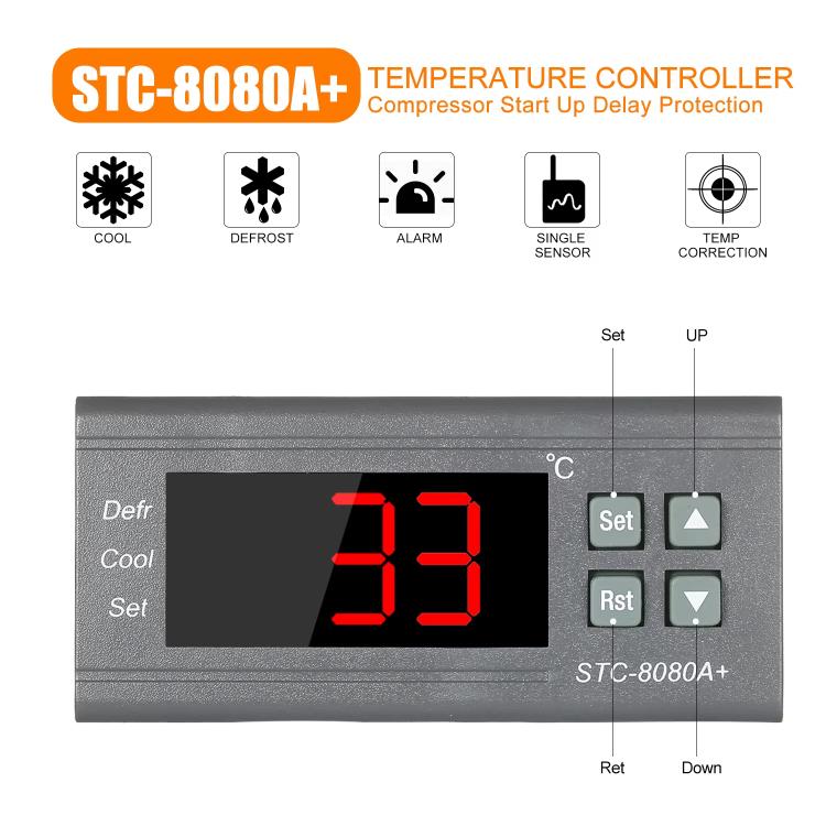Digital temperature controller front panel with red 3-digit display and four gray buttons