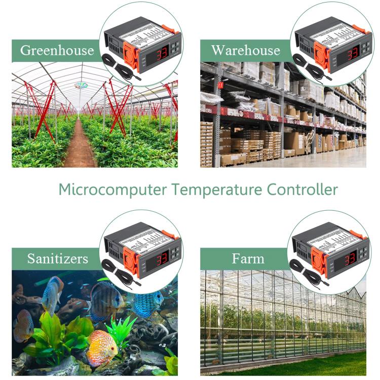 Digital temperature controller featured in four use-case scenes with red LED temperature readout