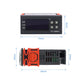 Digital temperature controller dimensions diagram, black case with orange mounting bracket