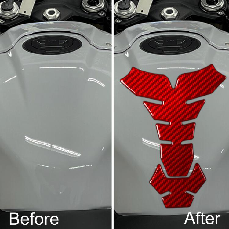 Motorcycle fuel tank sticker, red carbon-fiber emblem pieces applied on tank