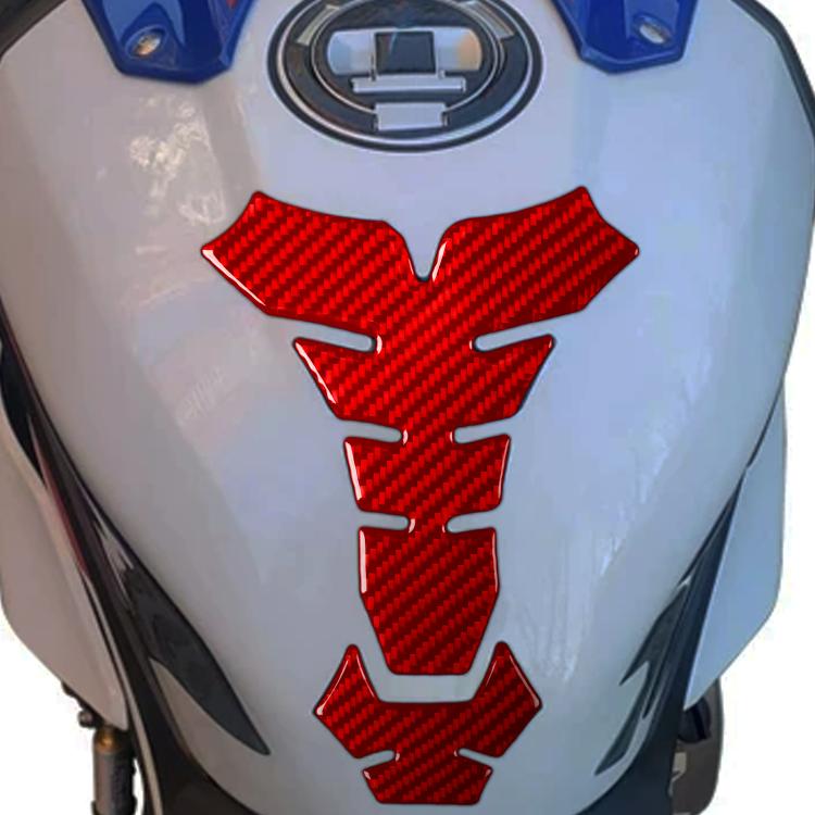 Motorcycle fuel tank sticker, red carbon-fiber emblem centered on fuel tank