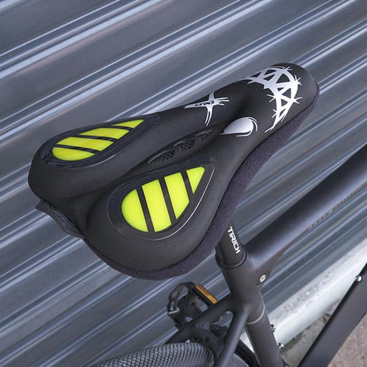 Black waterproof bike saddle cover on a road bike seat with neon yellow panels
