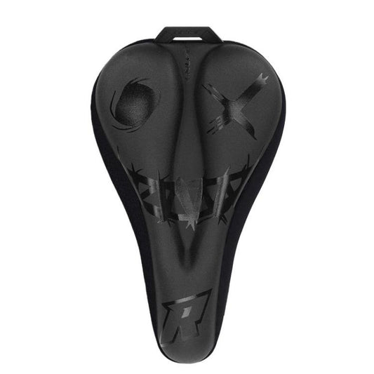 Black full-wrap bike saddle cover with white graphic pattern and carry handle