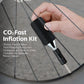 CO2 inflator valve head with foam anti-freeze sleeve attached to a tire wheel