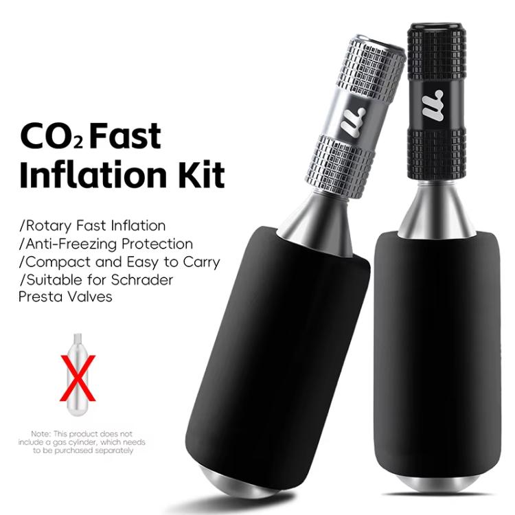 Pair of CO2 inflator valve heads with anti-freeze foam sleeves, black and silver